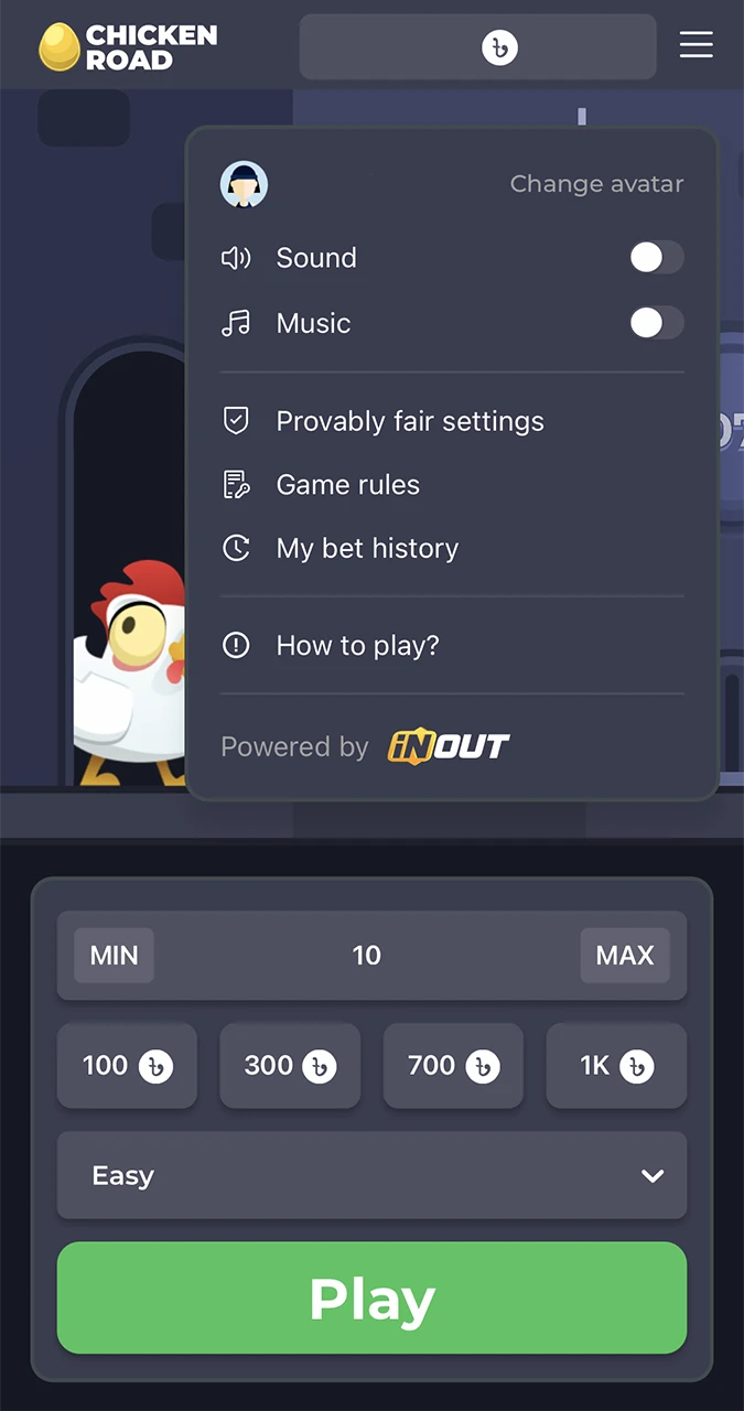The main menu with settings in the Chicken Road game from Bhaggo Casino.